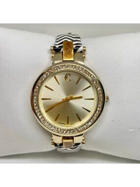 C women’s gold tone watch 35mm quartz analog rhinestones black white running